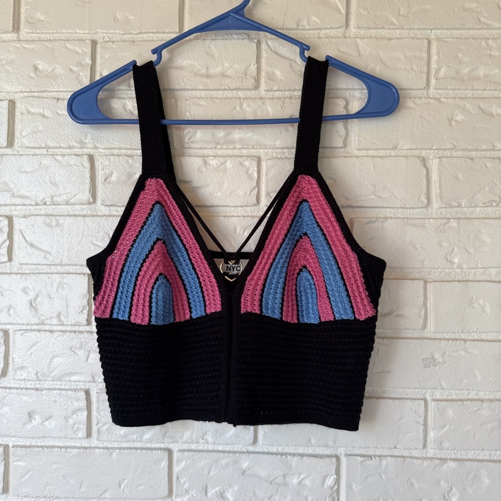 Madden NYC Black/Pink/Blue Crochet Crop Top Straps Size M Soft Heart‎